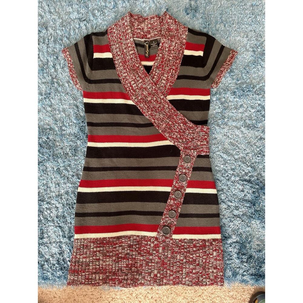 Vintage 90s Red/Plaid Body con V-neck Geometric Sweater/Tunic elastic wasitband